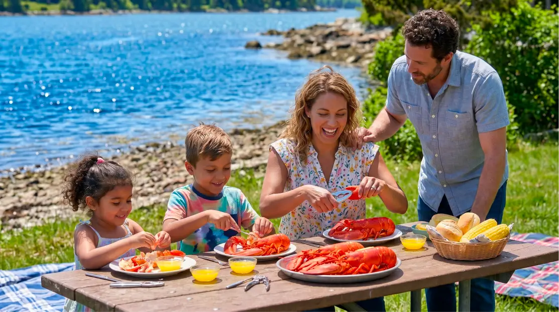 A family enjoying a lobster picnic by the water